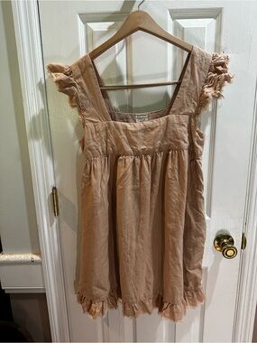 Aerie Linen Blend Babydoll Mini Dress Flutter Sleeve Square Neck XS‎